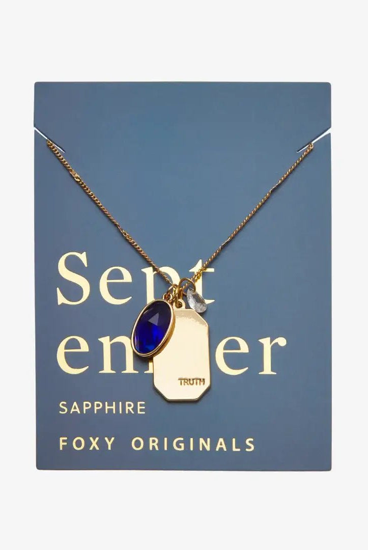 Birthstone Charm Necklace in 14k Plated Gold featuring September sapphire stone and 'TRUTH' charm by Foxy Originals.