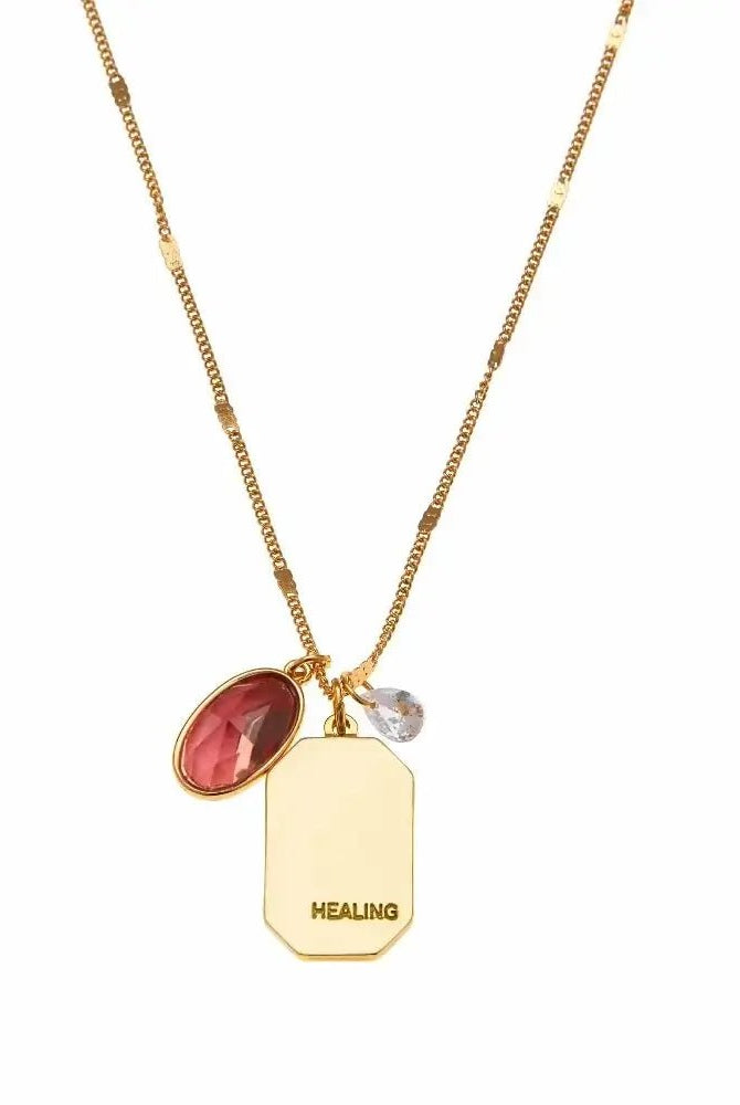 Birthstone Charm Necklace in 14k Plated Gold featuring October opal and healing intention, handcrafted by Foxy Originals.