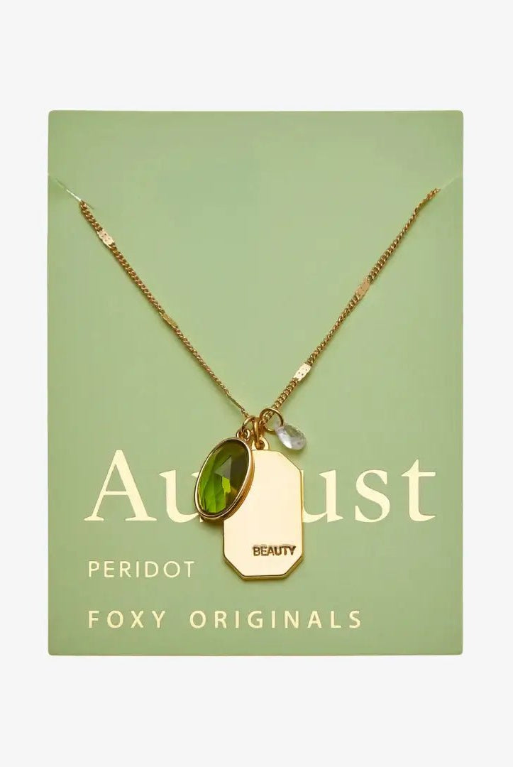 Birthstone Charm Necklace in 14k Plated Gold featuring August Peridot and 'Beauty' charm by Foxy Originals.