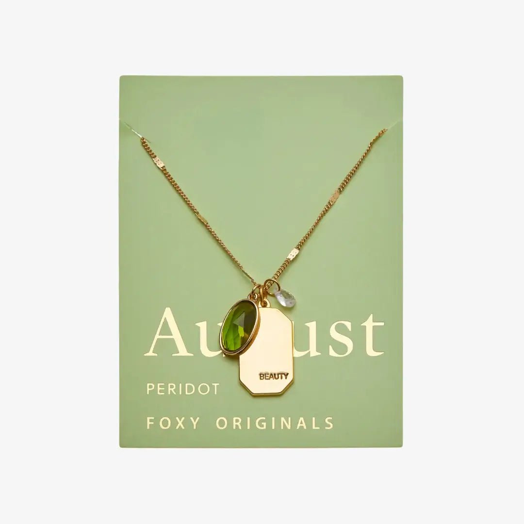 Birthstone Charm Necklace in 14k Plated Gold featuring August Peridot and 'Beauty' charm by Foxy Originals.