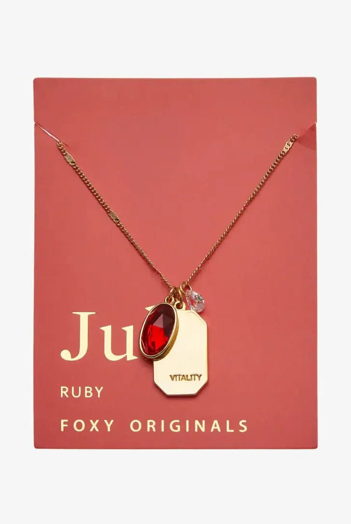 Birthstone Charm Necklace in 14k Plated Gold for JULY featuring a ruby stone, labeled 'Vitality', by Foxy Originals.