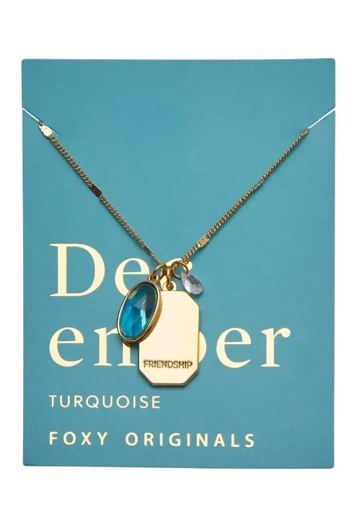 Birthstone Charm Necklace in 14k Plated Gold featuring December turquoise stone and 'FRIENDSHIP' intention word by Foxy Originals.