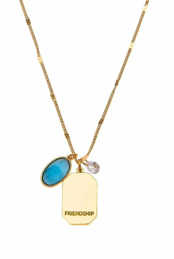 Birthstone Charm Necklace in 14k Plated Gold featuring December turquoise stone and 'FRIENDSHIP' intention word by Foxy Originals.