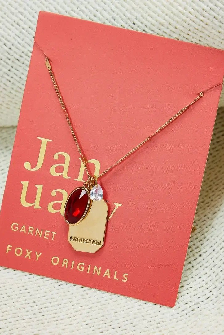 Birthstone Charm Necklace in 14k Plated Gold featuring garnet for January with 'Protection' intention word.