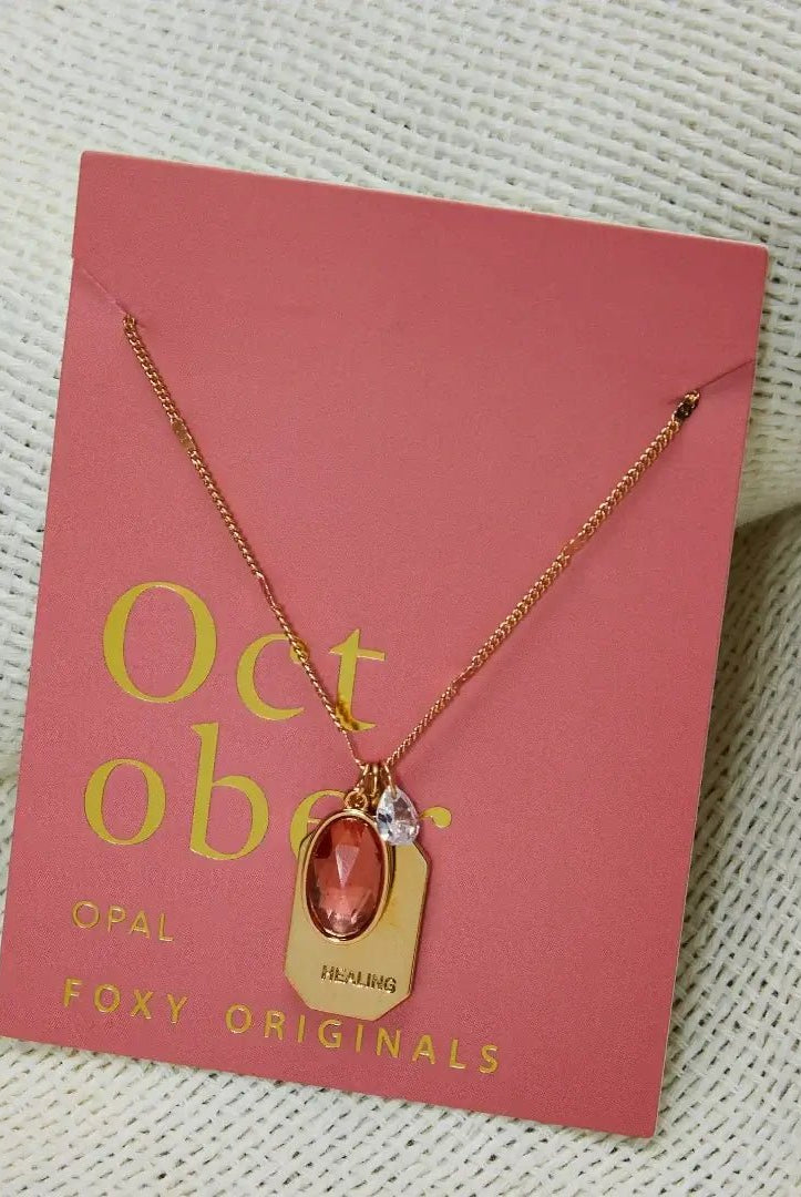 Birthstone Charm Necklace in 14k Plated Gold featuring October opal and healing intention, handcrafted by Foxy Originals.