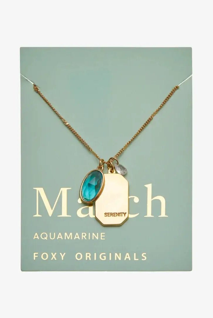 Birthstone Charm Necklace in 14k Plated Gold featuring aquamarine stone and serenity intention for March.