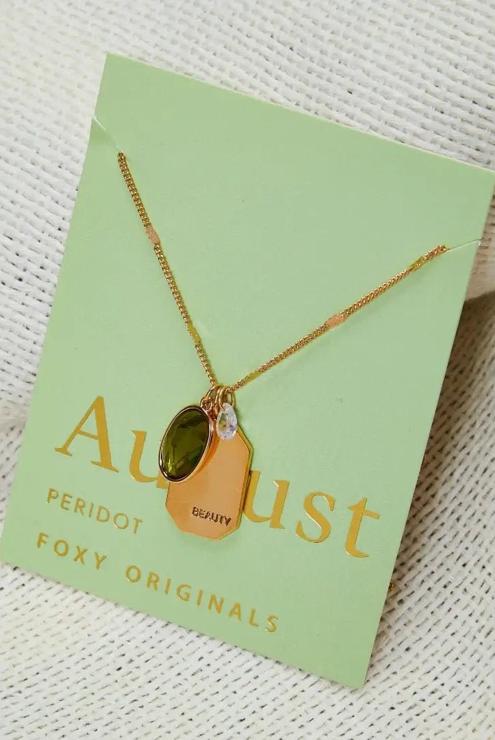 Birthstone Charm Necklace in 14k Plated Gold featuring August Peridot and 'Beauty' charm by Foxy Originals.