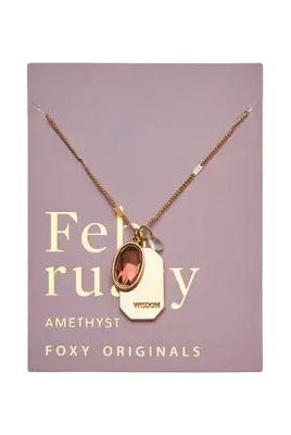 Birthstone Charm Necklace in 14k Plated Gold featuring February amethyst stone and wisdom tag by Foxy Originals.