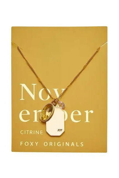Birthstone Charm Necklace in 14k Plated Gold featuring November citrine stone and 'JOY' intention word by Foxy Originals.