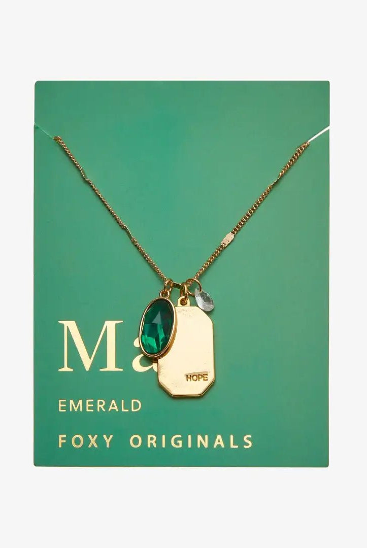 Birthstone Charm Necklace in 14k Plated Gold featuring emerald stone and 'HOPE' tag by Foxy Originals.