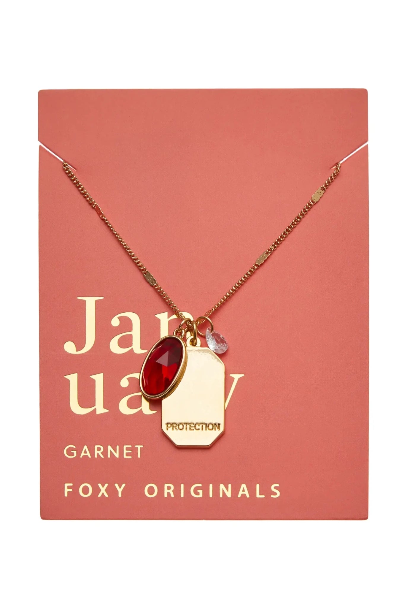 Birthstone Charm Necklace in 14k Plated Gold featuring garnet for January with 'Protection' intention word.