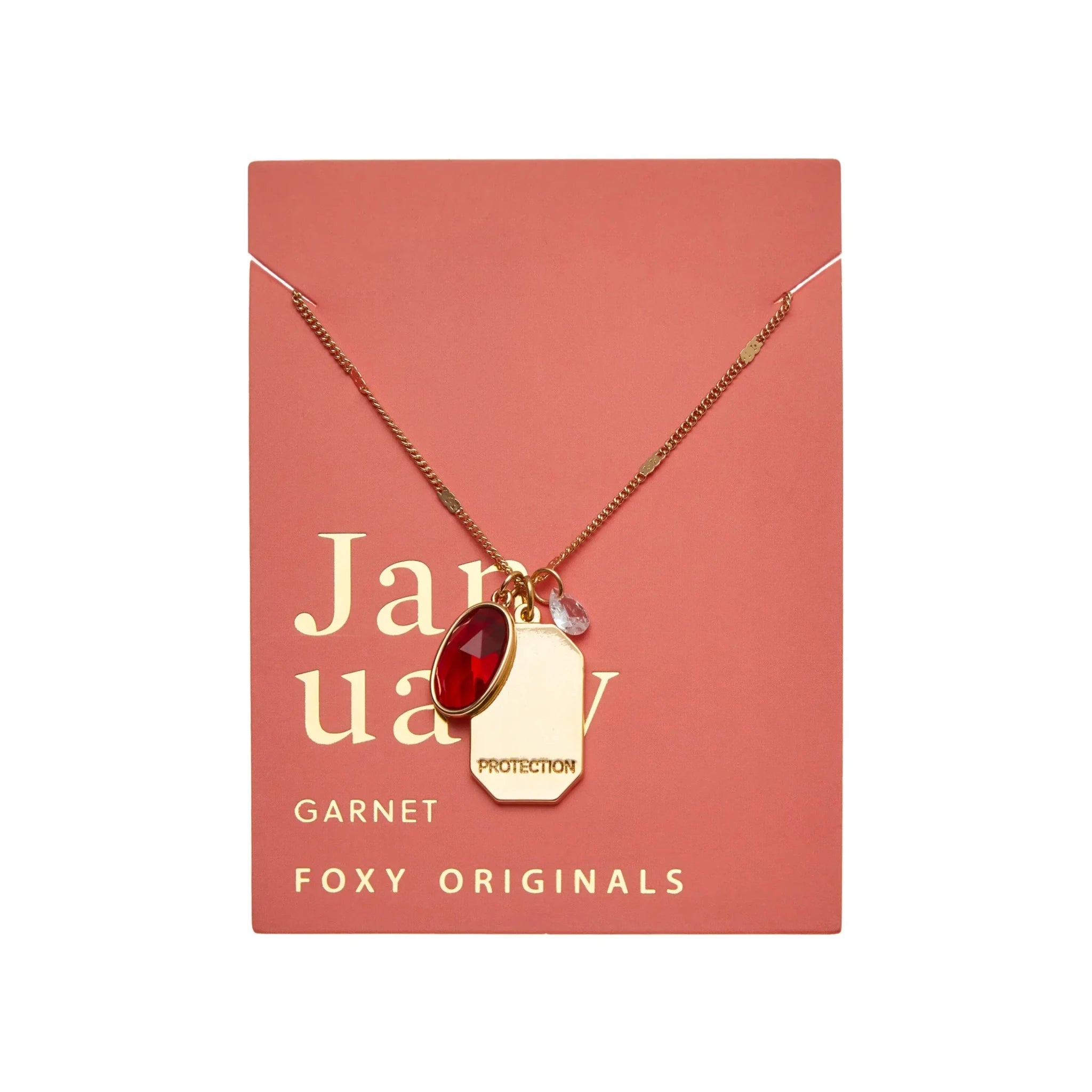 Birthstone Charm Necklace in 14k Plated Gold featuring garnet for January with 'Protection' intention word.