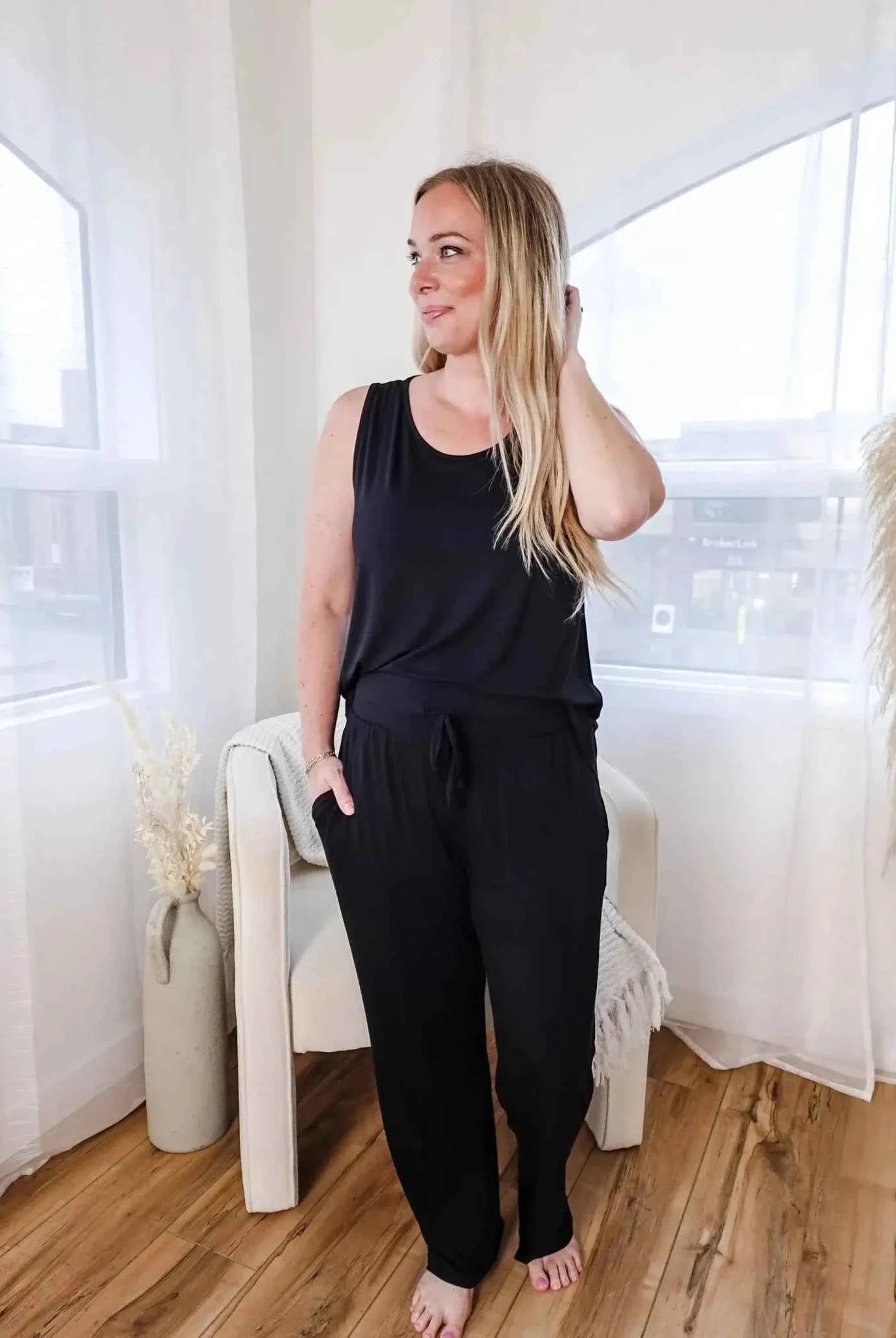 Georgia Rylan Women's Bamboo Tank Top and Straight Leg Pant Lounge Set in Black