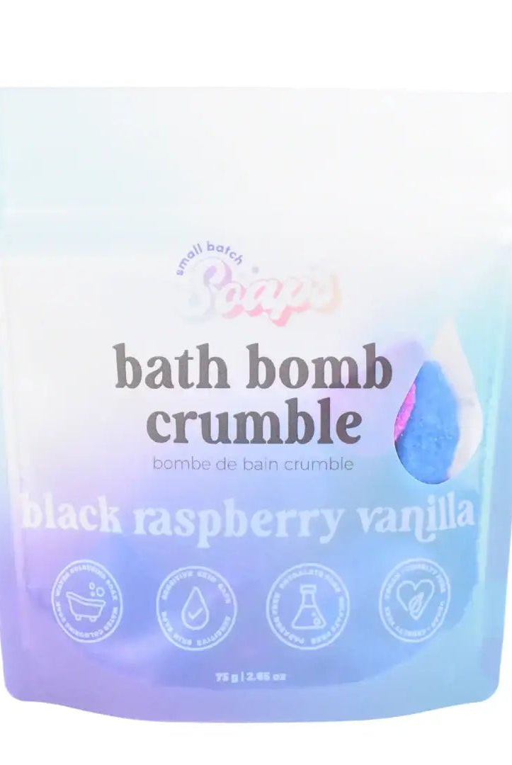 Black Raspberry Vanilla Bath Bomb Crumble packaging with vibrant colors and fun design.