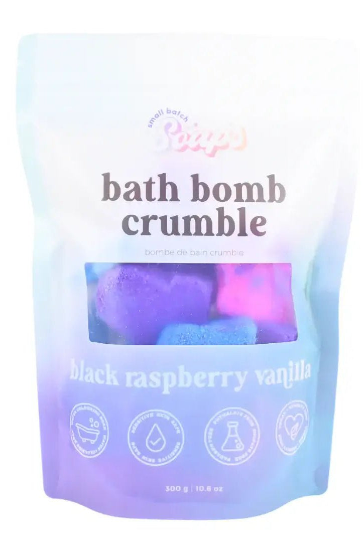 Black Raspberry Vanilla Bath Bomb Crumble in colorful bag, ideal for fizzy and relaxing bath experience.