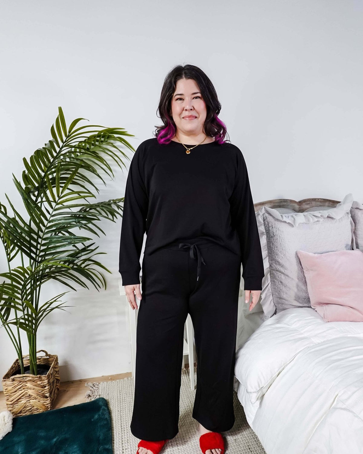 Full-length front view of the black Cloud Soft Raw Edge Bamboo Lounge Set with drawstring waist and straight leg