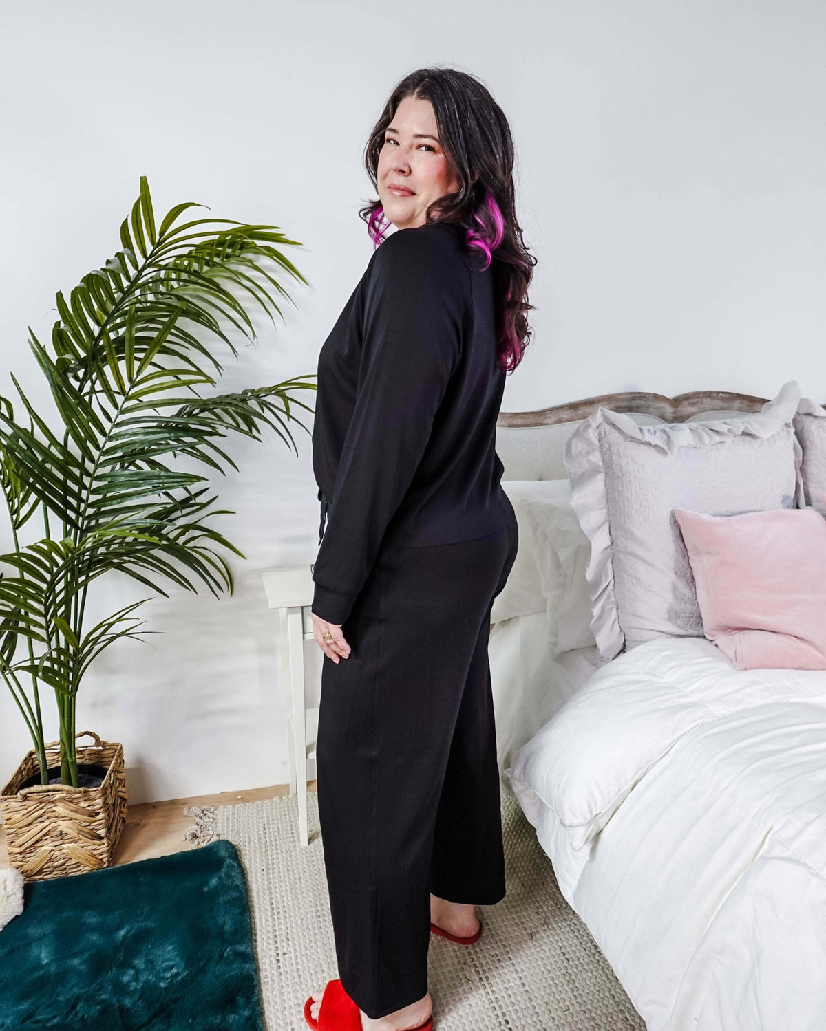 Side view of the black Cloud Soft Raw Edge Bamboo Lounge Set showing the relaxed top and straight leg drape