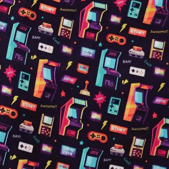 Colorful pattern featuring arcade machines and video game controllers, inspired by Arcade After Dark Unisex Bamboo Jogger.