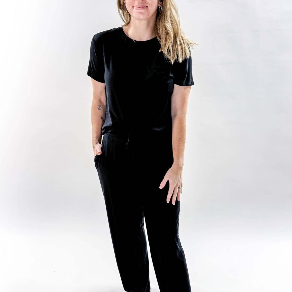 Black Tee/Straight Pant Bamboo Loungewear Set | Georgia Rylan classic black lounge set for women