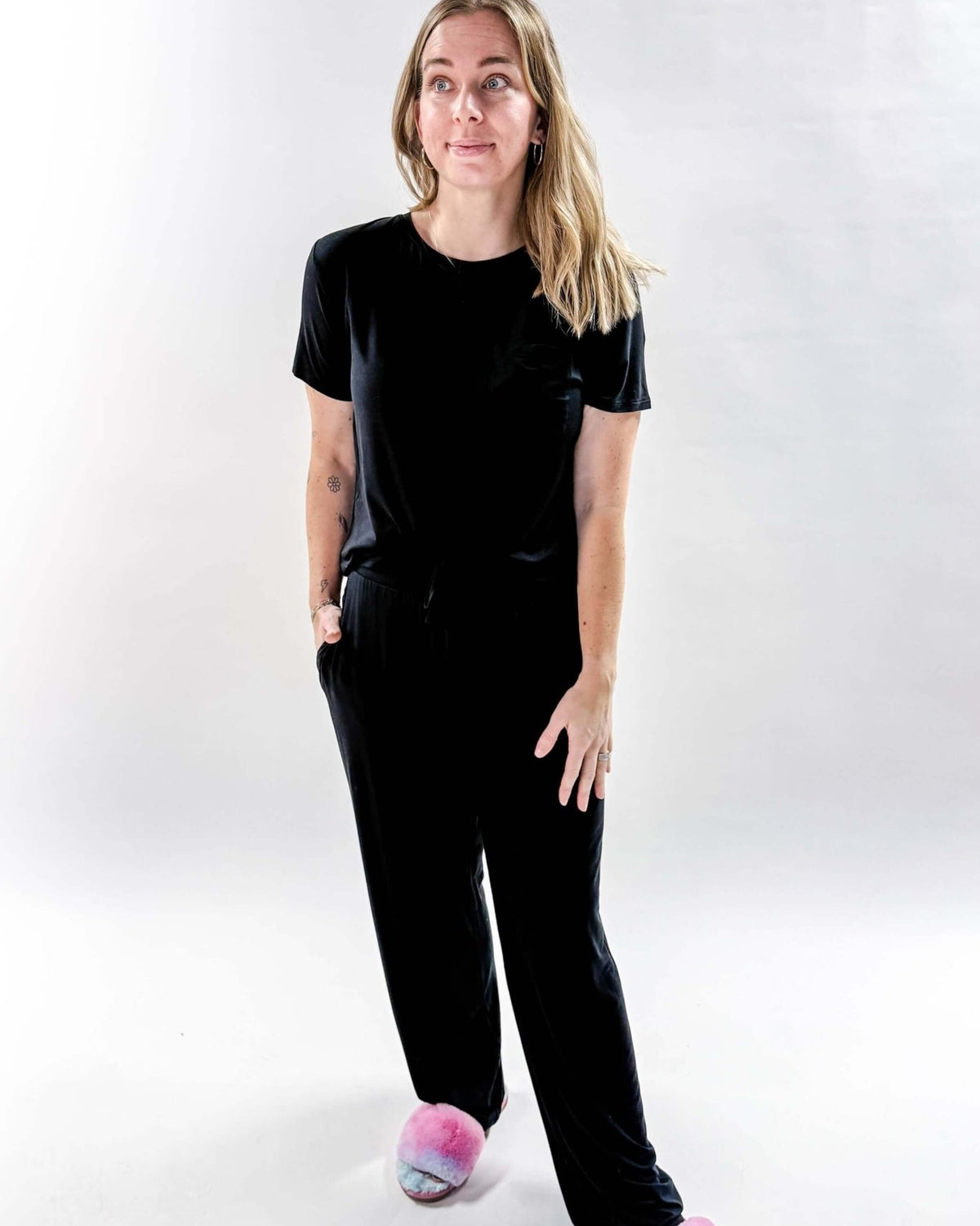 Black Tee/Straight Pant Bamboo Loungewear Set | Georgia Rylan classic black lounge set for women