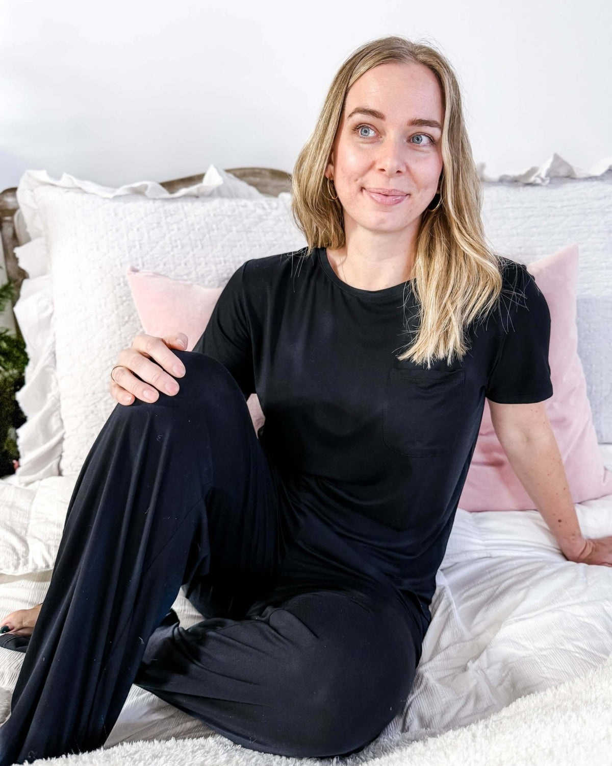 Black Tee/Straight Pant Bamboo Loungewear Set | Georgia Rylan classic black lounge set for women