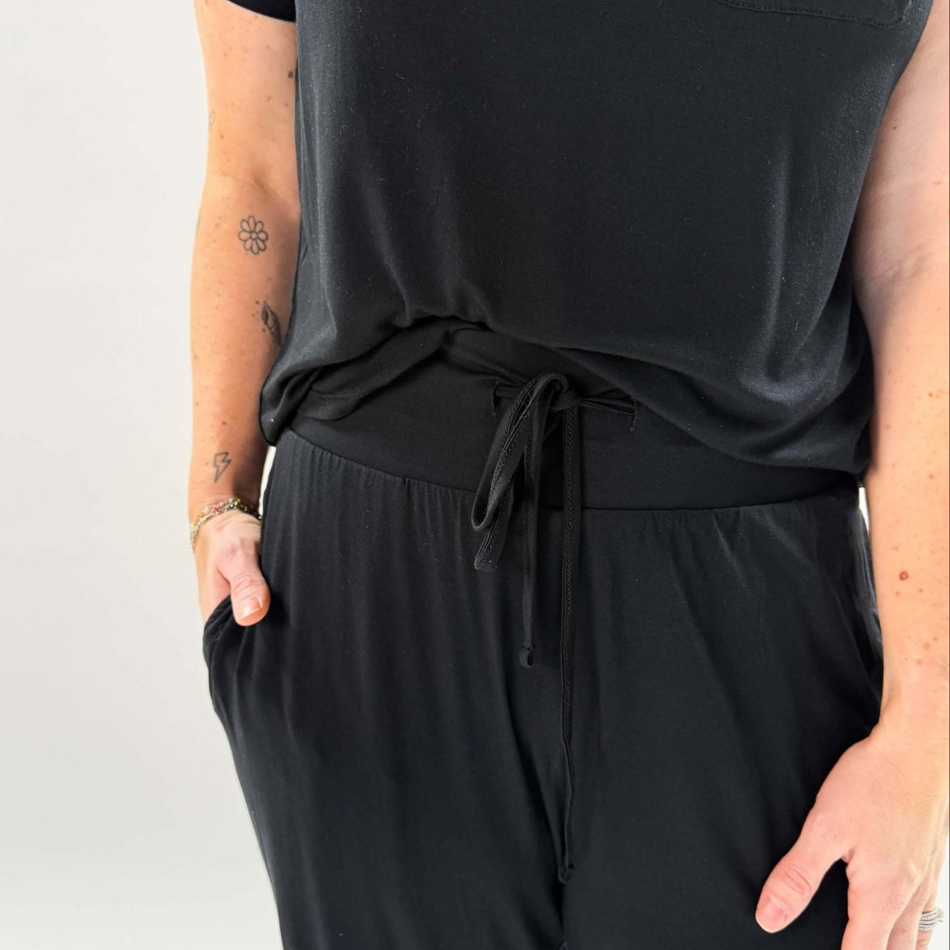 Black Tee/Straight Pant Bamboo Loungewear Set | Georgia Rylan classic black lounge set for women close up of pant waistband and drawstring