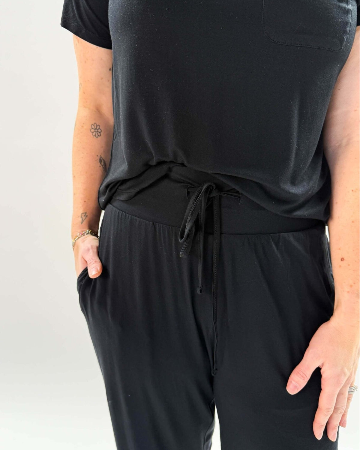 Black Tee/Straight Pant Bamboo Loungewear Set | Georgia Rylan classic black lounge set for women close up of pant waistband and drawstring