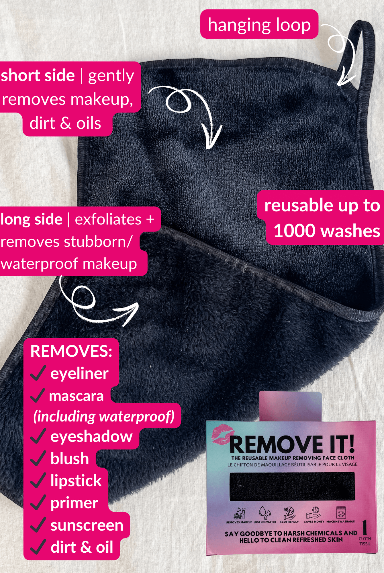 remove it makeup remove cloth for removing all makeup with just water - reusable, eco friendly skin care
