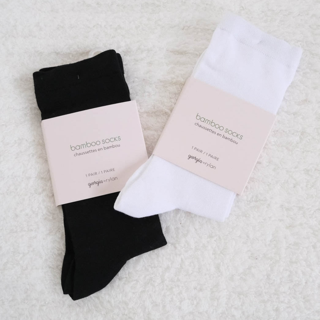 Georgia Rylan bamboo crew socks black and white mid-calf pair flat lay — Cloud Nine Pajamas