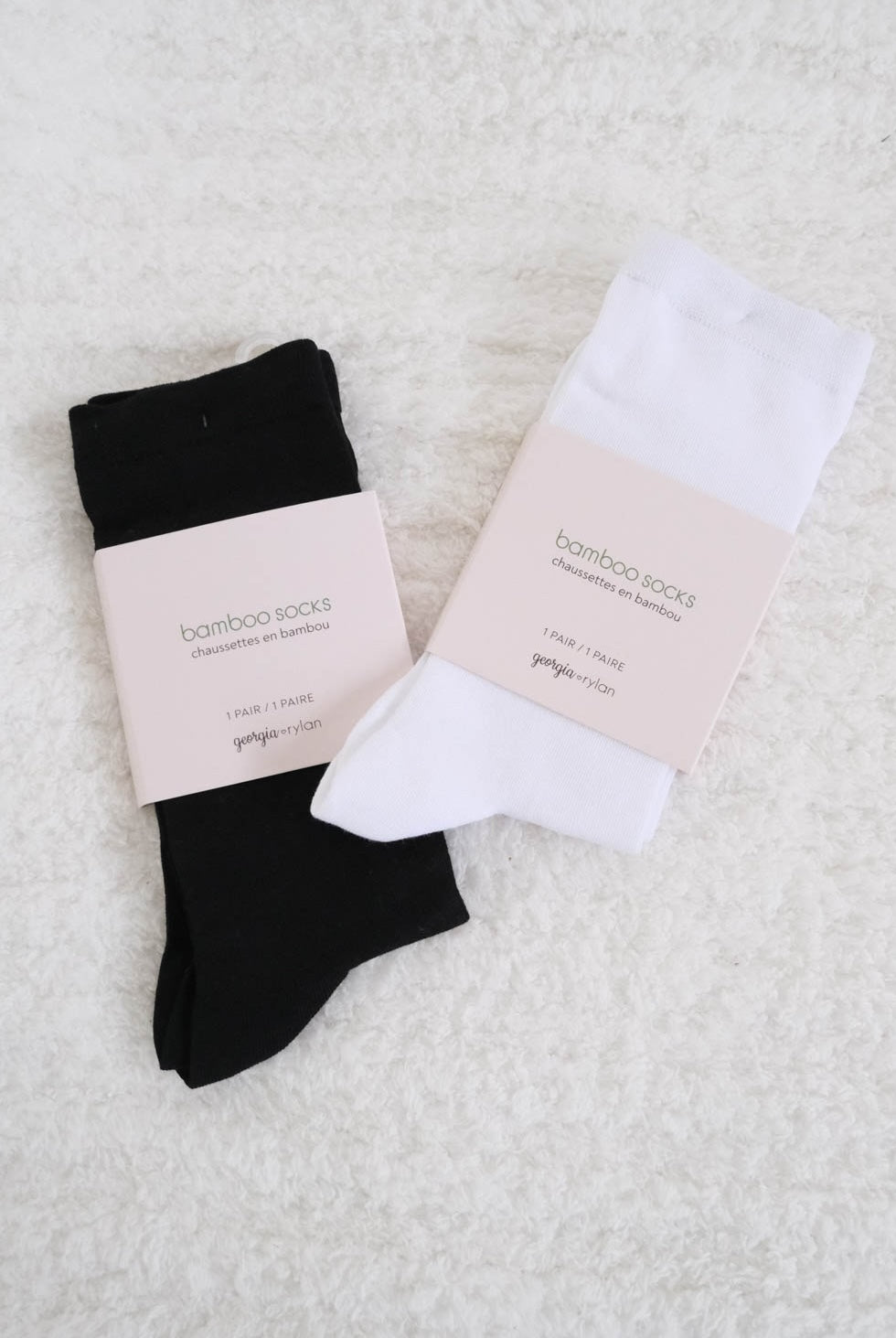 Georgia Rylan bamboo crew socks black and white mid-calf pair flat lay — Cloud Nine Pajamas