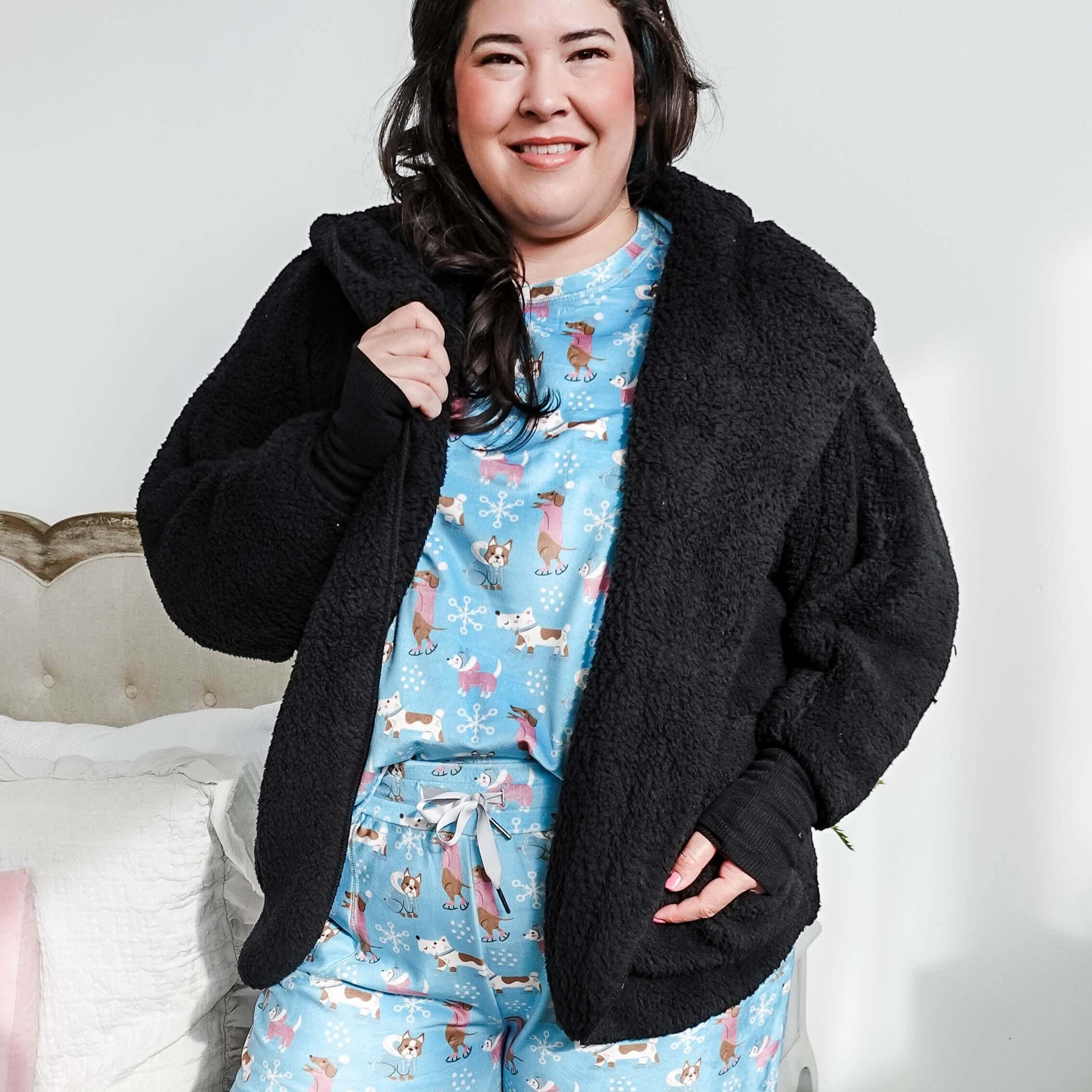 black Essential Hooded Fluffy Cozy Cardigan with Pockets