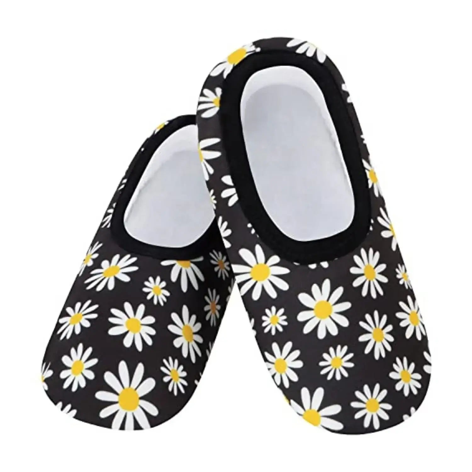 Snoozies Skinnies Lightweight Slipper Socks in Black Daisy Print - Non-skid Soles