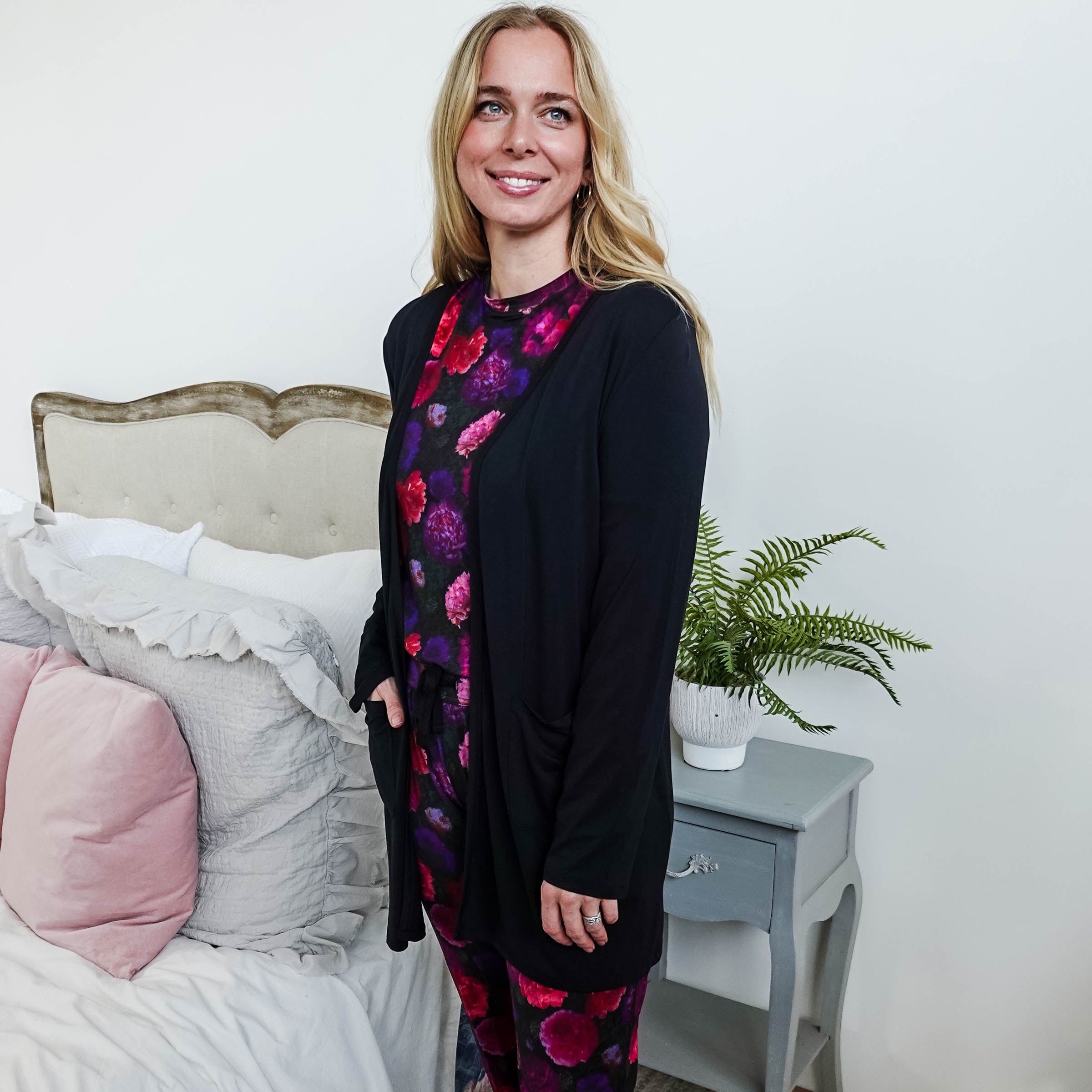 womens long bamboo cardigan with pockets in black georgia rylan