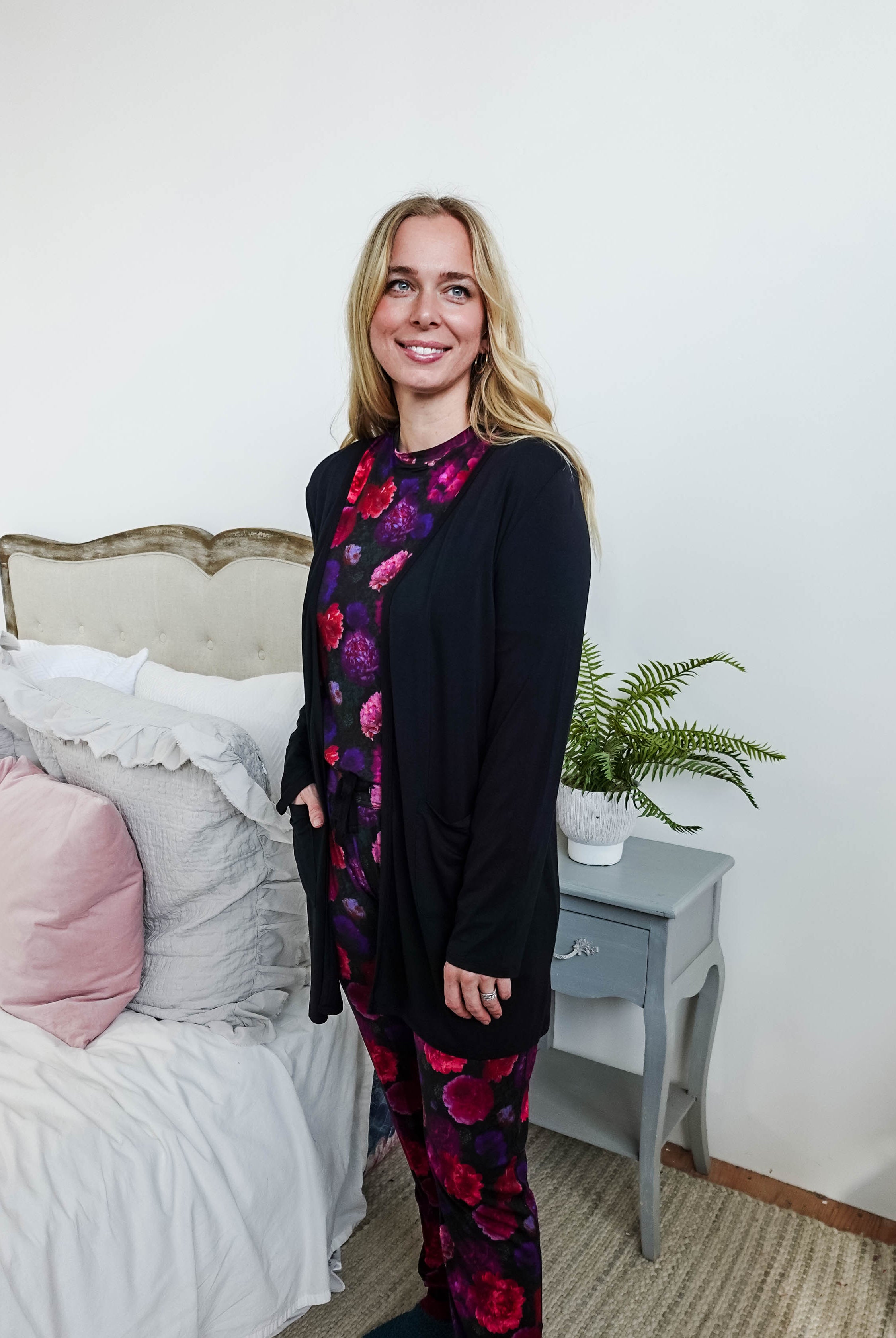 womens long bamboo cardigan with pockets in black georgia rylan