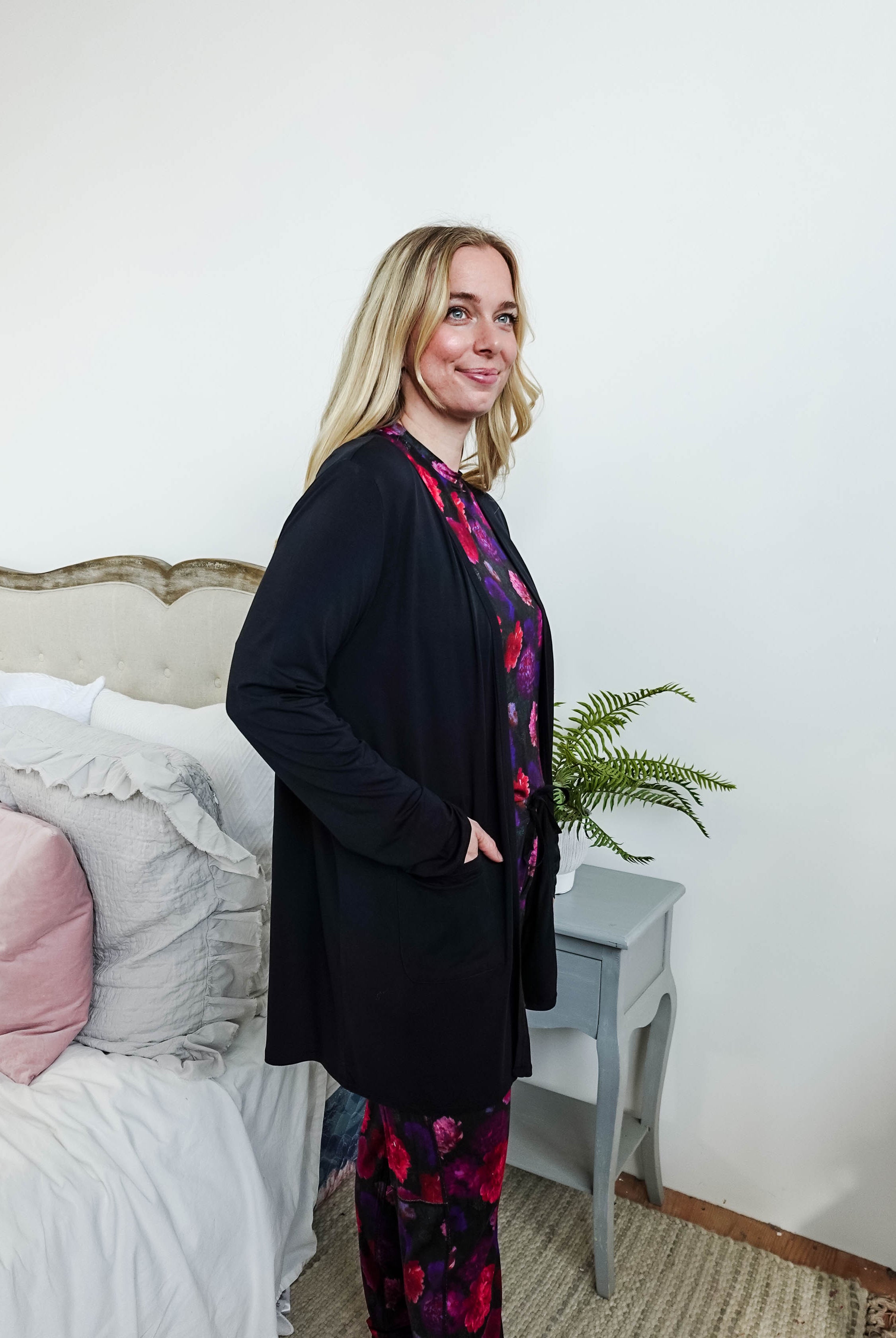 womens long bamboo cardigan with pockets in black georgia rylan