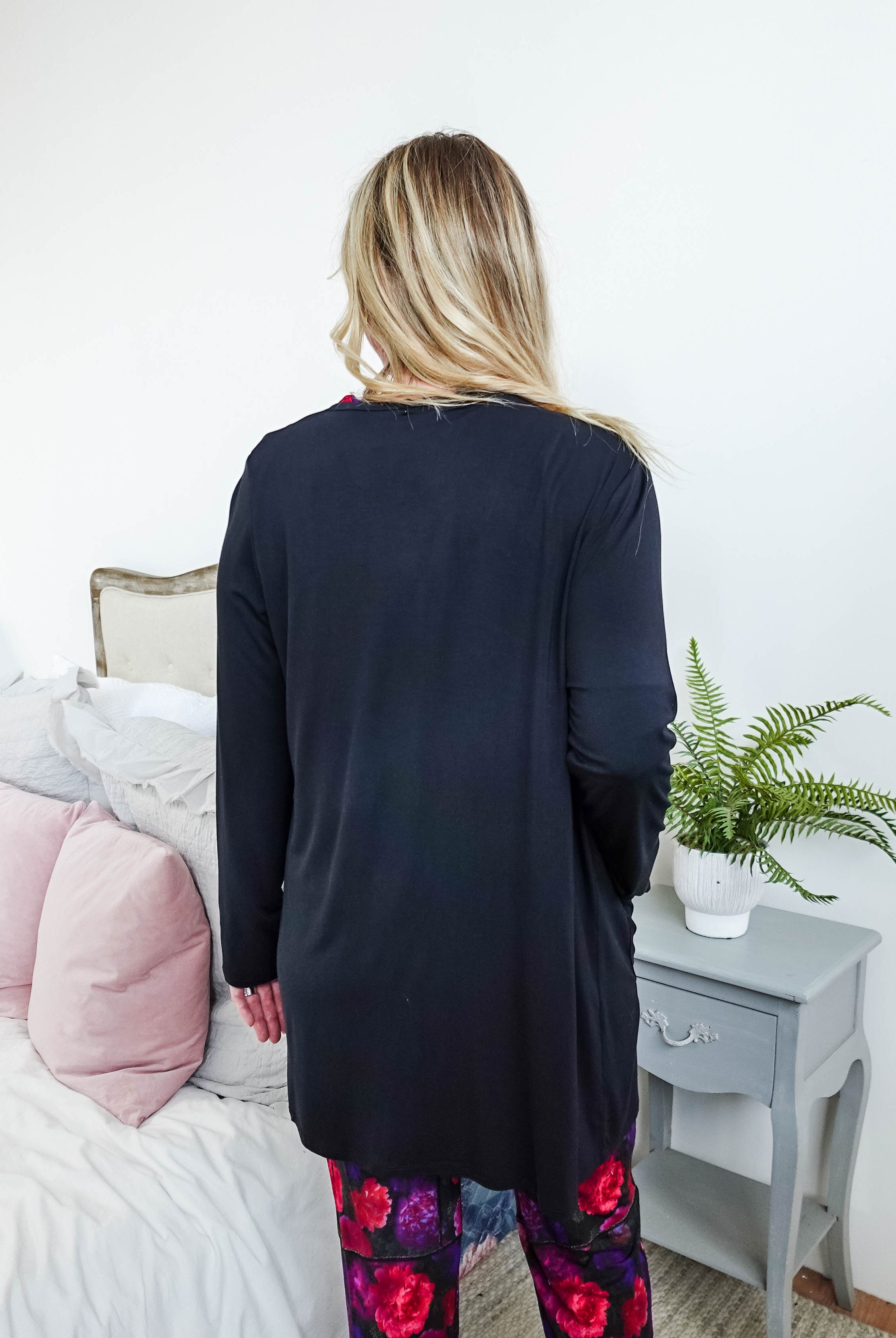 womens long bamboo cardigan with pockets in black georgia rylan