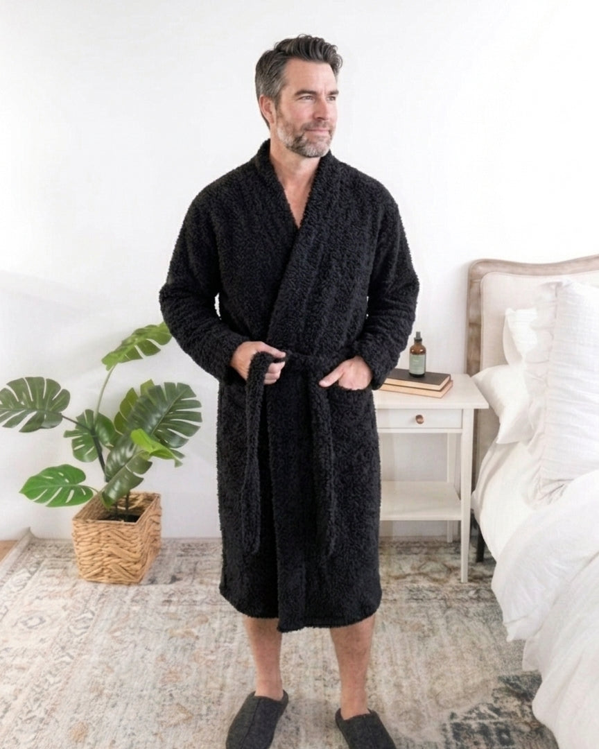 Lounge by Jan Marie Chenille Cloud Spa Robe Jet Black male model front view — Cloud Nine Pajamas Edmonton