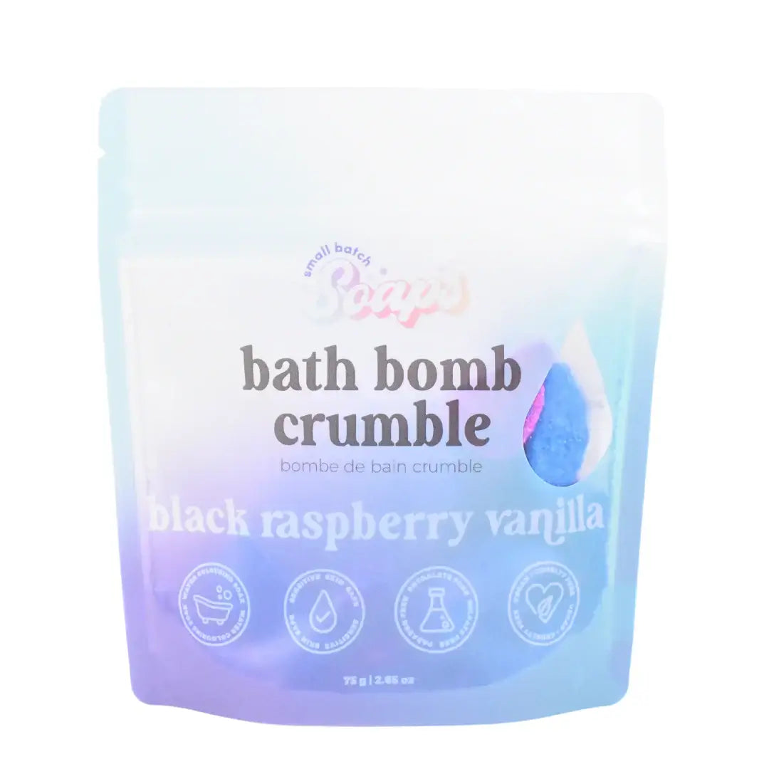 Black Raspberry Vanilla Bath Bomb Crumble packaging with vibrant colors and fun design.