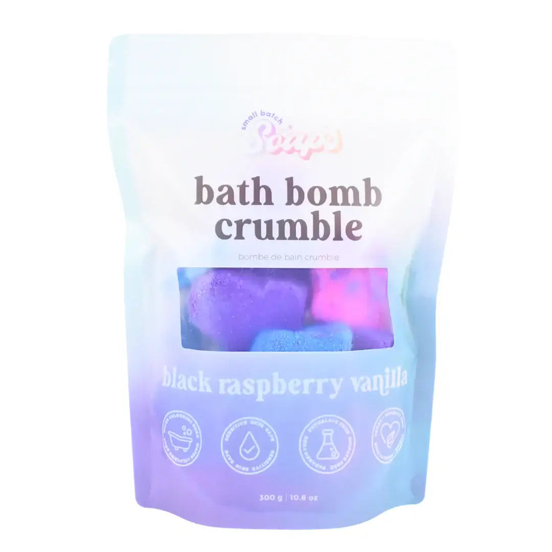 Black Raspberry Vanilla Bath Bomb Crumble in colorful bag, ideal for fizzy and relaxing bath experience.