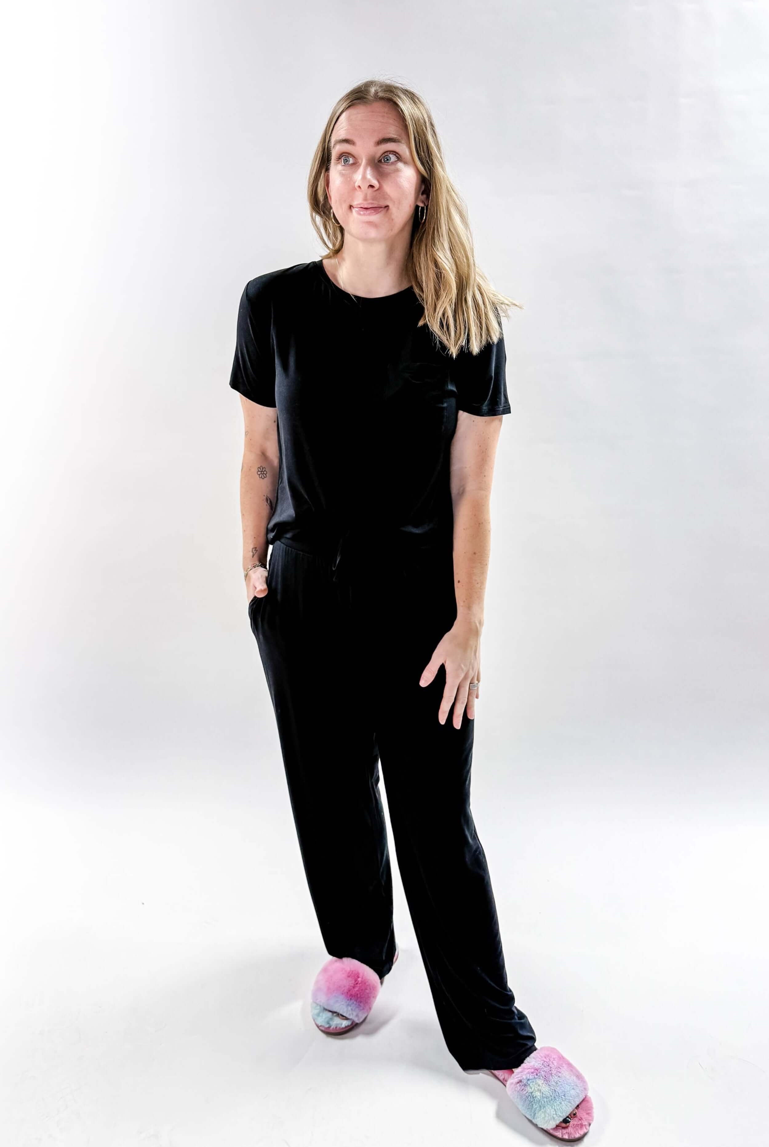 Black Tee/Straight Pant Bamboo Loungewear Set | Georgia Rylan classic black lounge set for women