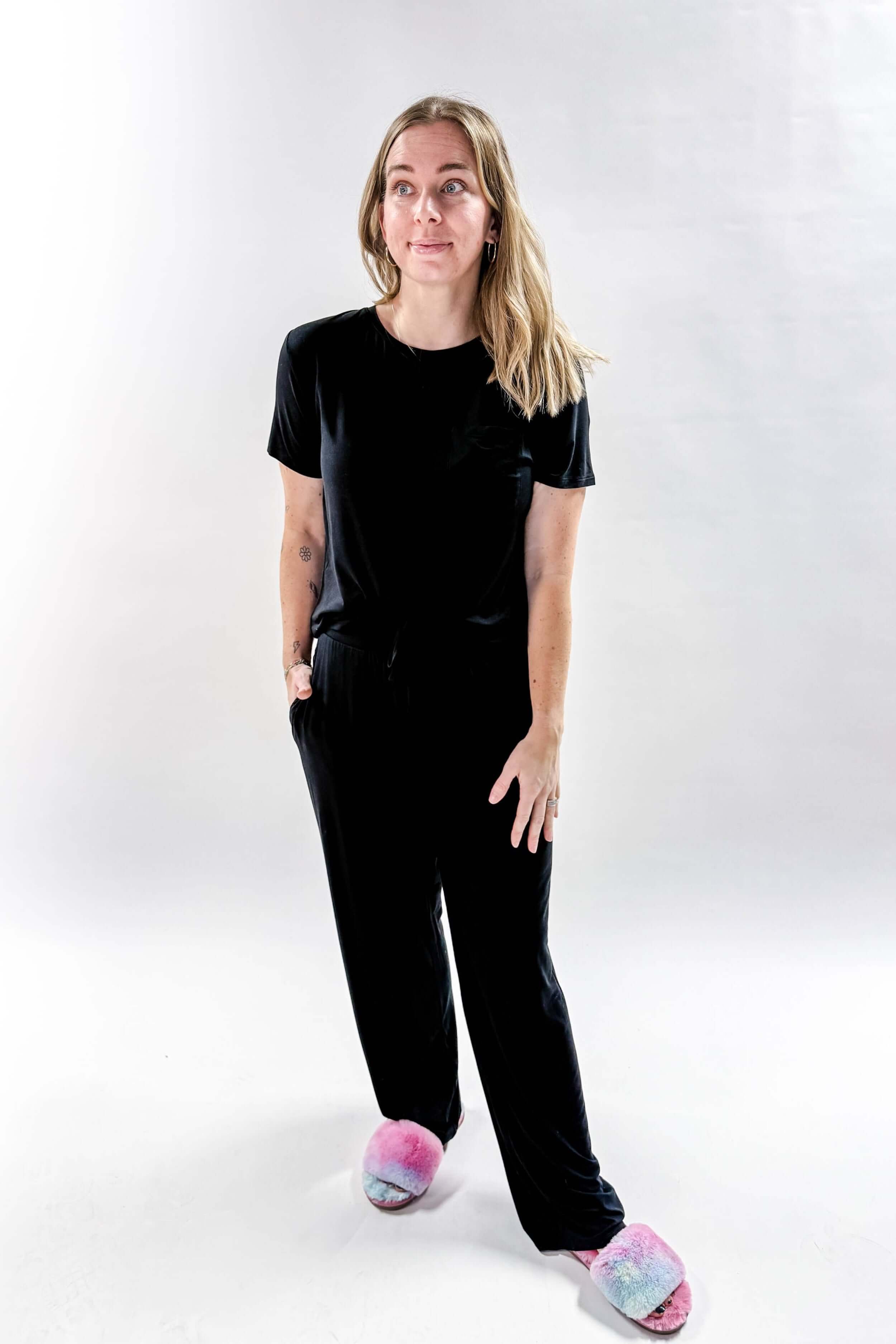 Black Tee/Straight Pant Bamboo Loungewear Set | Georgia Rylan classic black lounge set for women