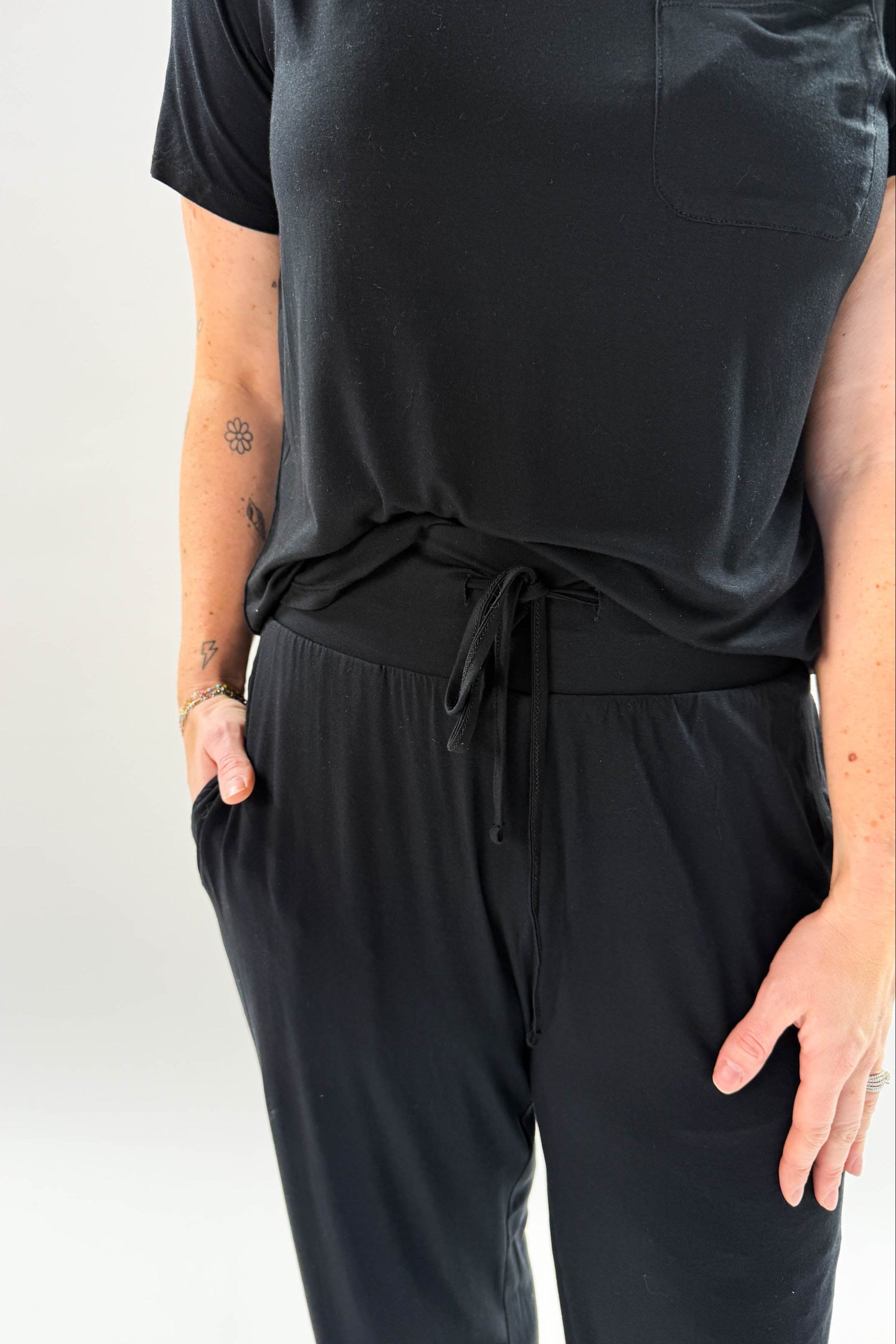 Black Tee/Straight Pant Bamboo Loungewear Set | Georgia Rylan classic black lounge set for women close up of pant waistband and drawstring