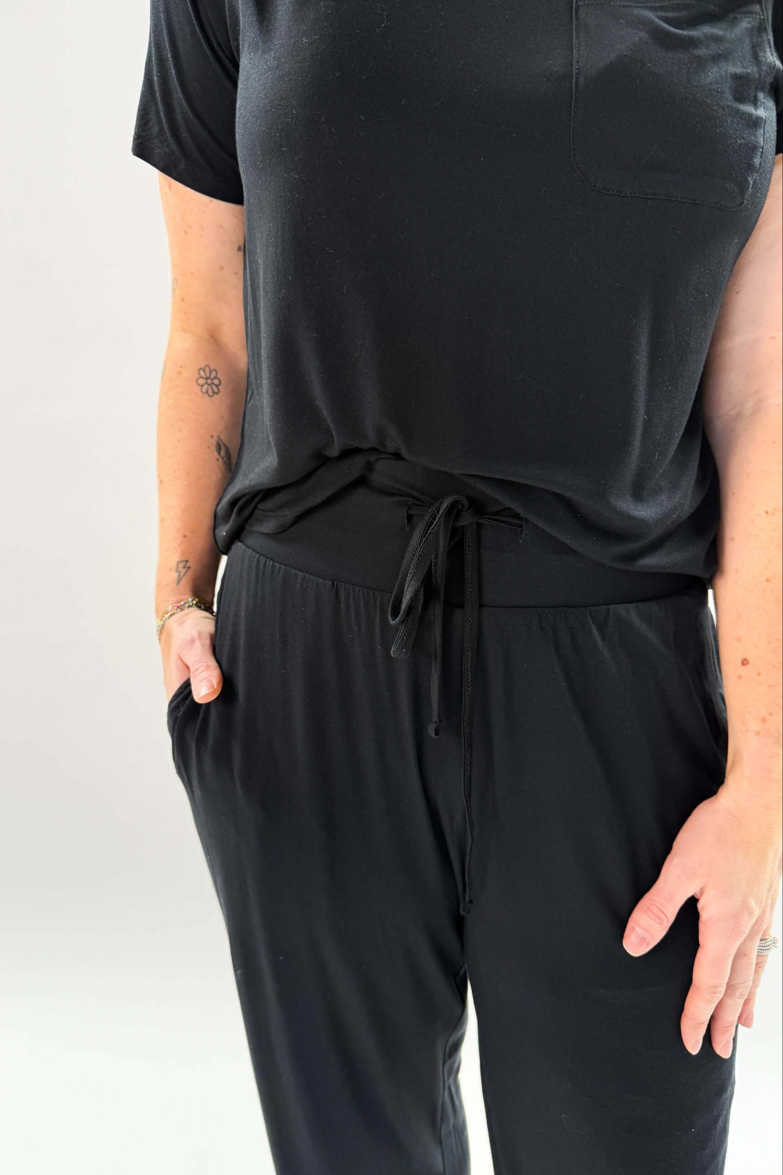 Black Tee/Straight Pant Bamboo Loungewear Set | Georgia Rylan classic black lounge set for women close up of pant waistband and drawstring