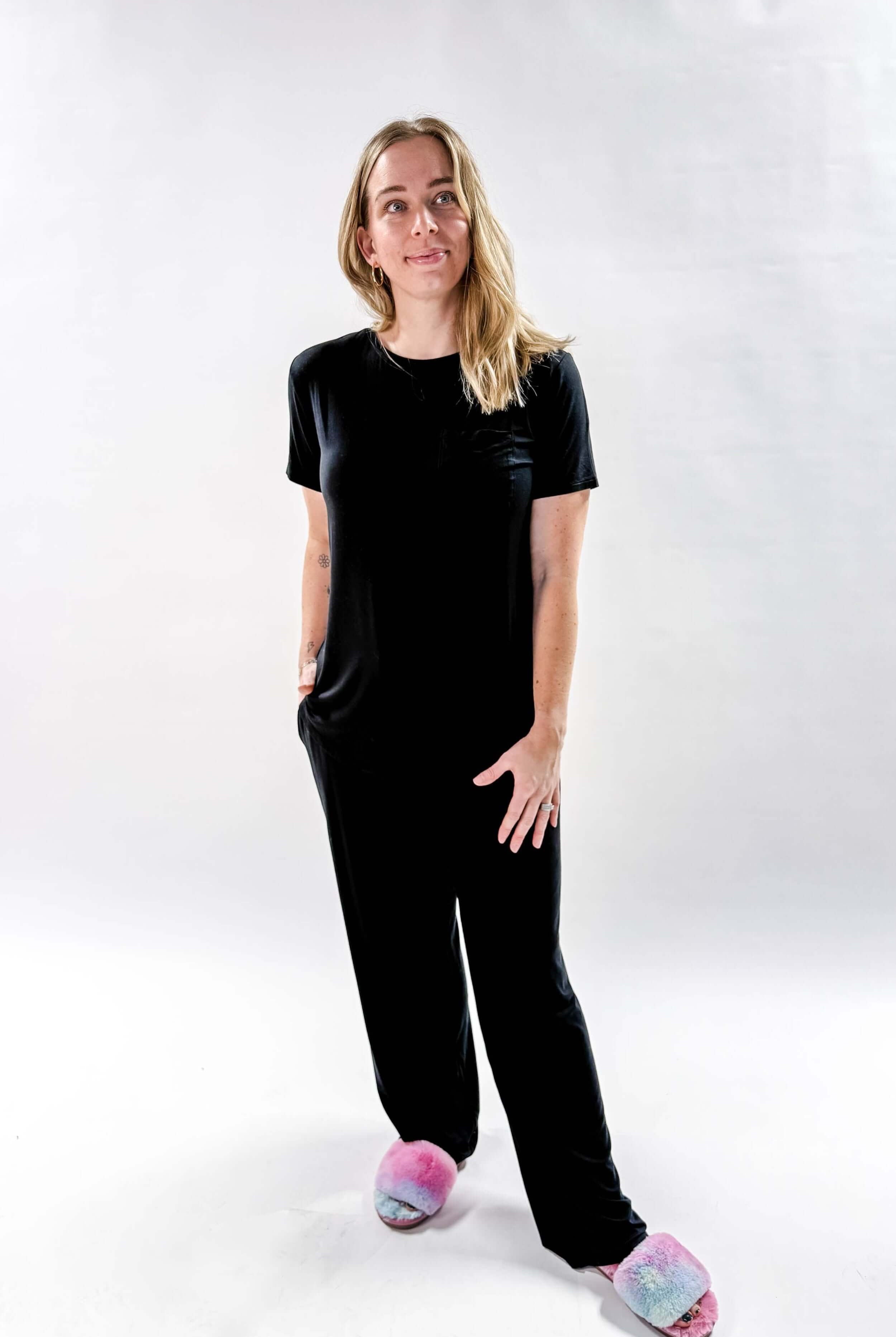 Black Tee/Straight Pant Bamboo Loungewear Set | Georgia Rylan classic black lounge set for women showing shirt untucked