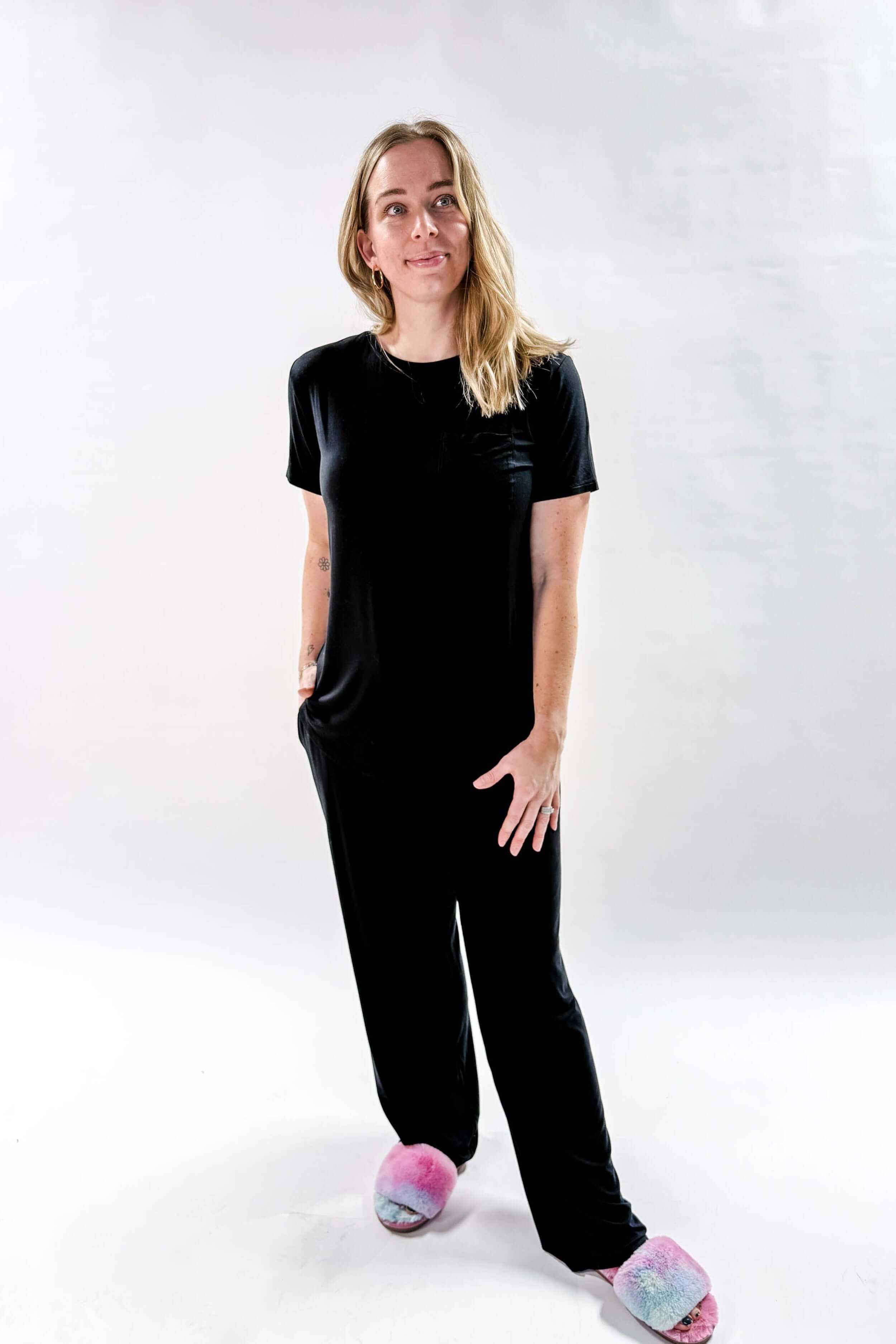 Black Tee/Straight Pant Bamboo Loungewear Set | Georgia Rylan classic black lounge set for women showing shirt untucked