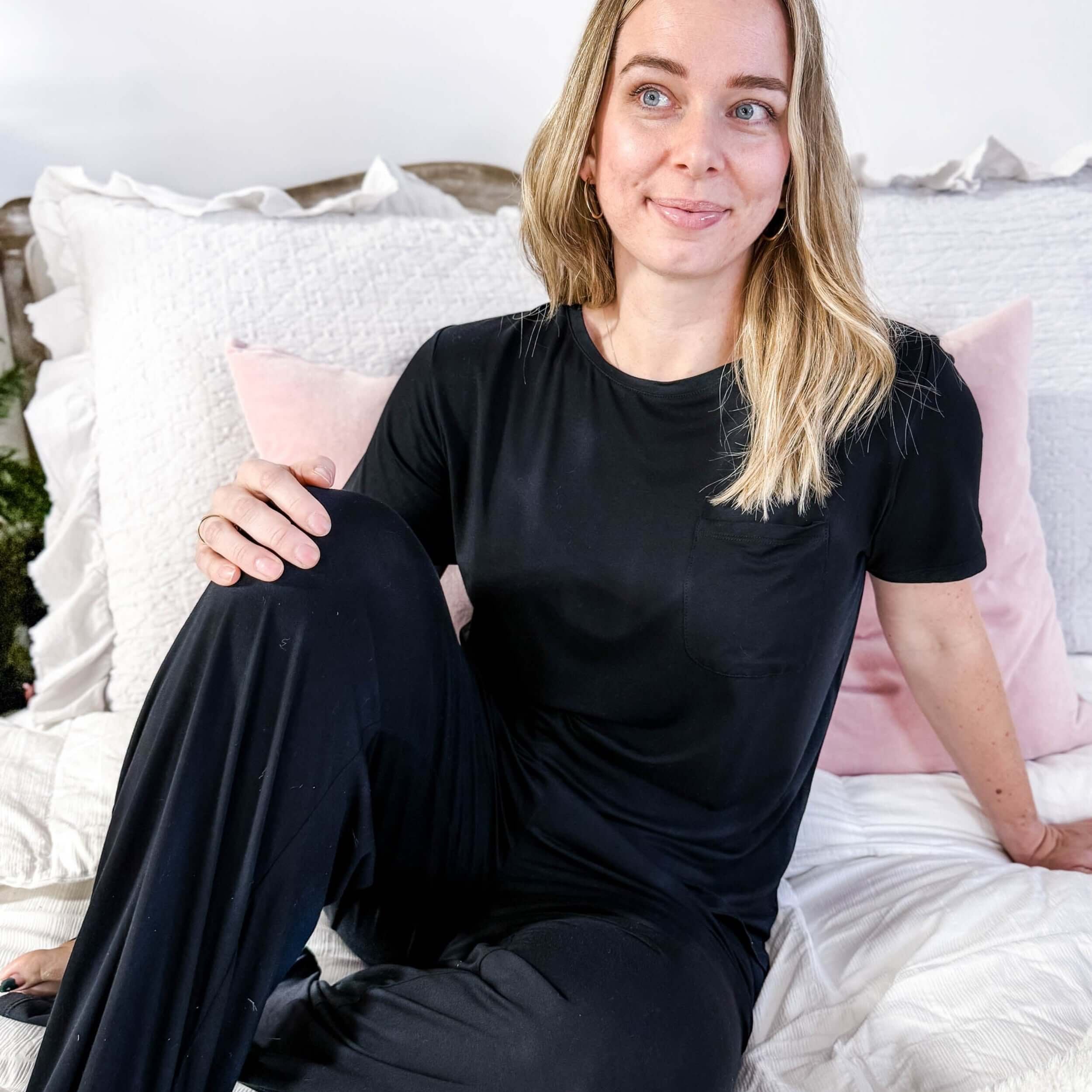 Black Tee/Straight Pant Bamboo Loungewear Set | Georgia Rylan classic black lounge set for women