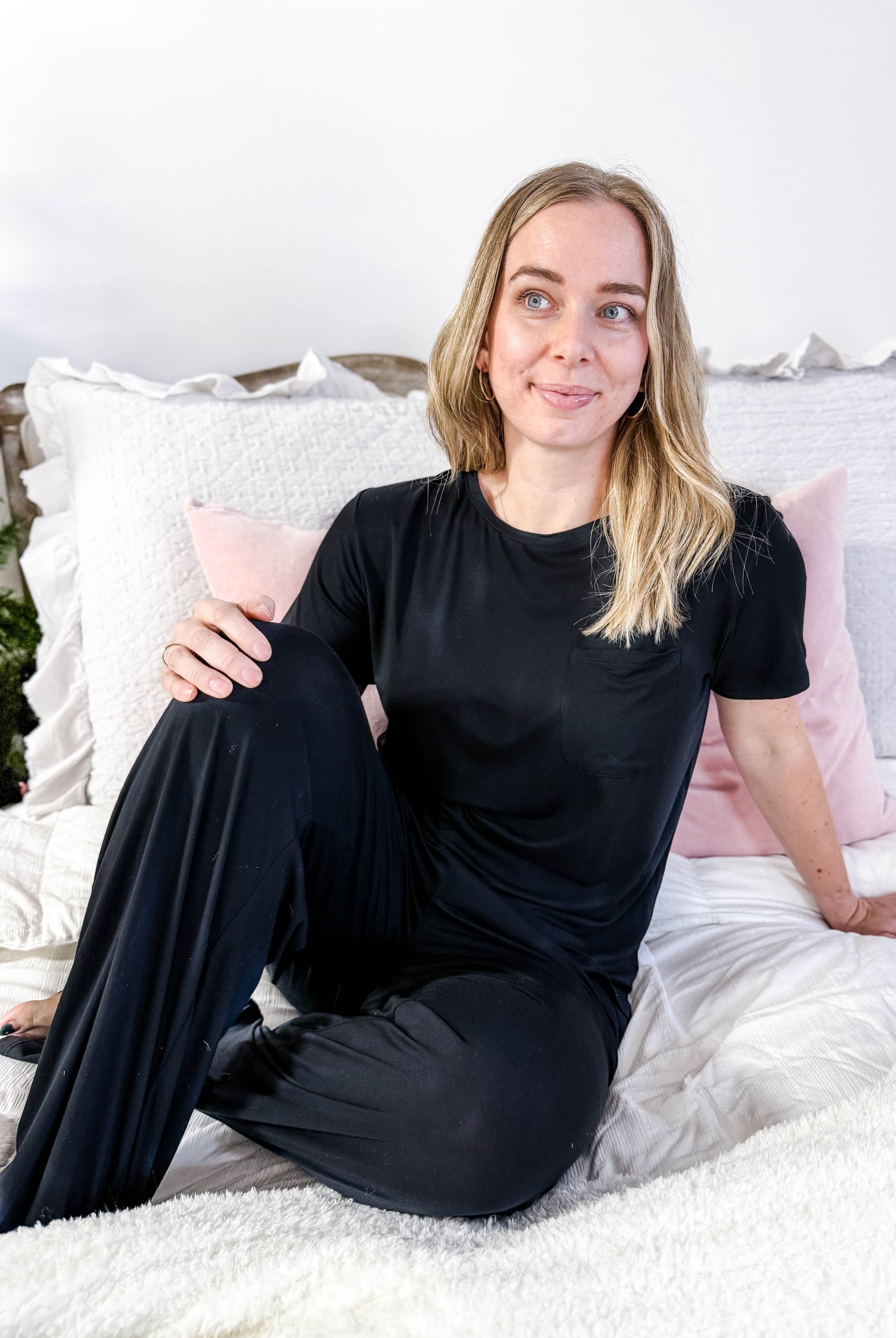 Black Tee/Straight Pant Bamboo Loungewear Set | Georgia Rylan classic black lounge set for women