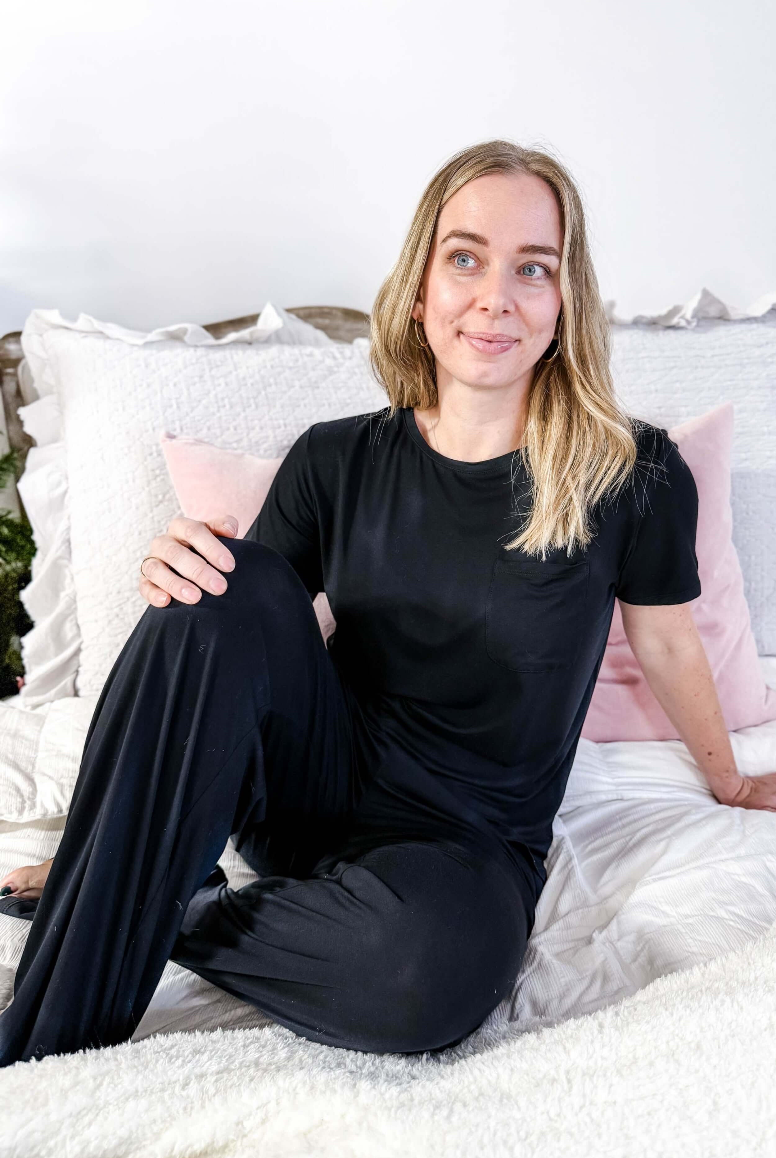 Black Tee/Straight Pant Bamboo Loungewear Set | Georgia Rylan classic black lounge set for women
