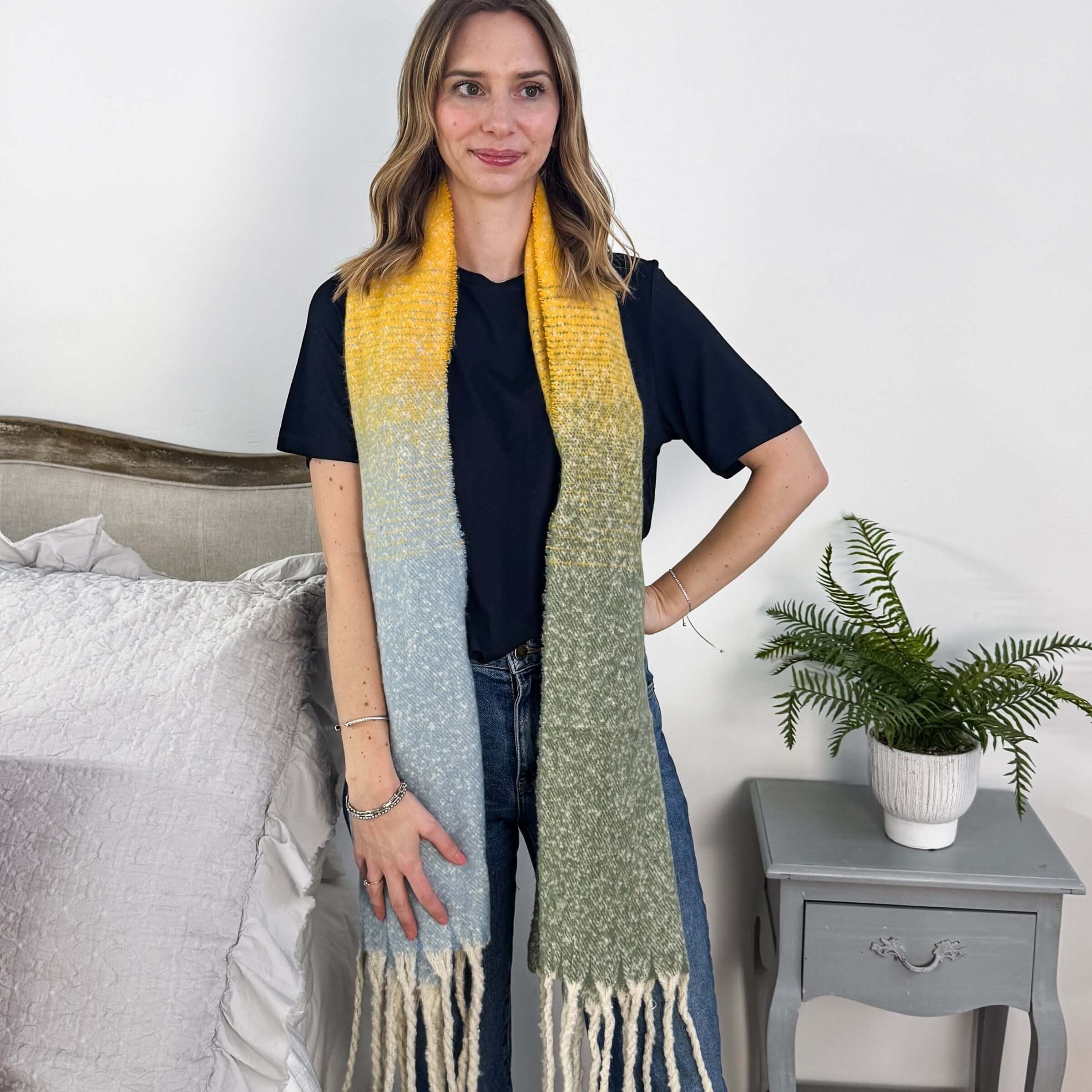 yellow ombre acrylic soft oversized blanket scarf with tassles