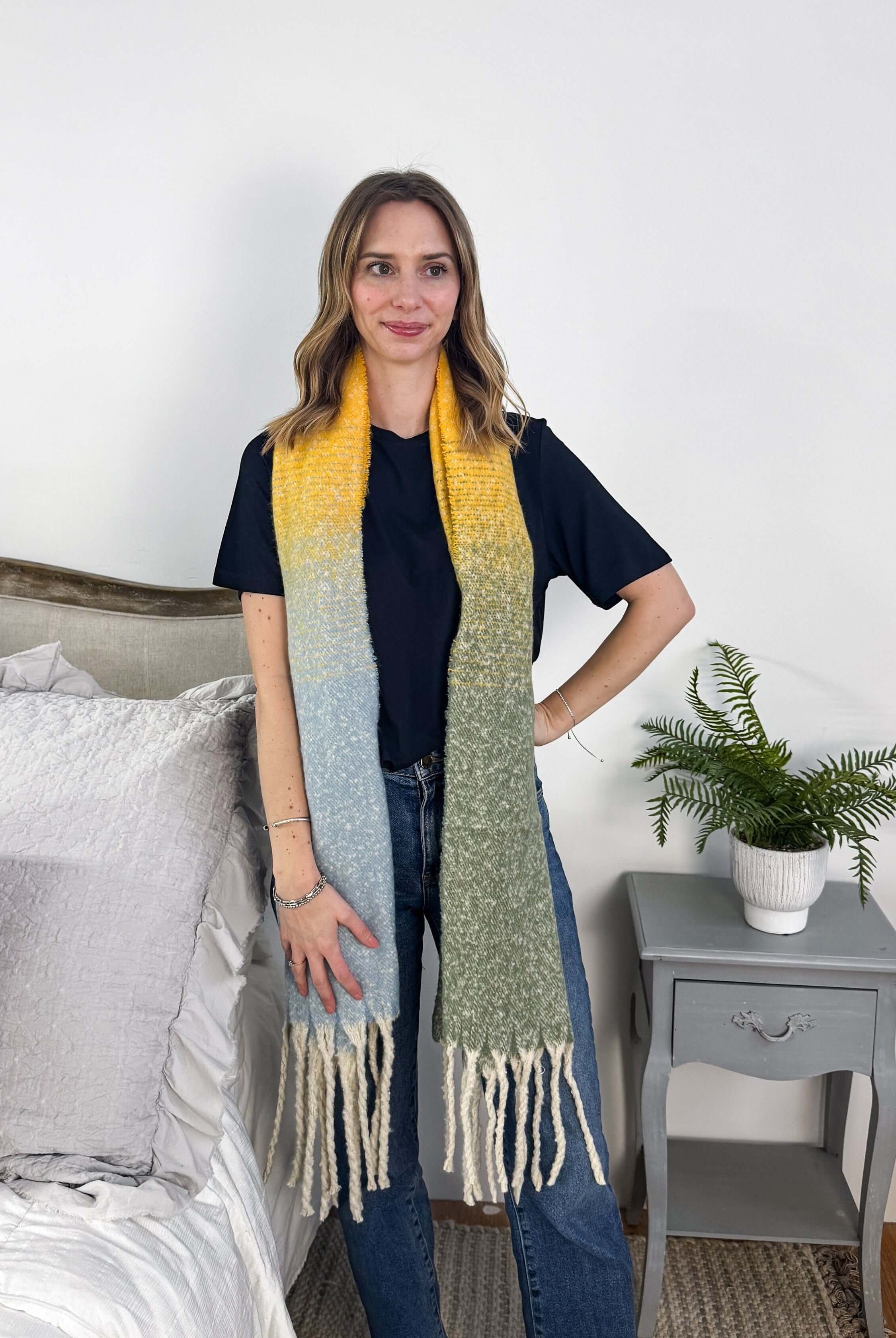 yellow ombre acrylic soft oversized blanket scarf with tassles